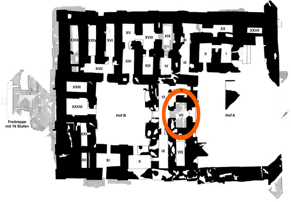 Isin Gula-Tempel mit Raumnummern geschwärzt hervorgehoben